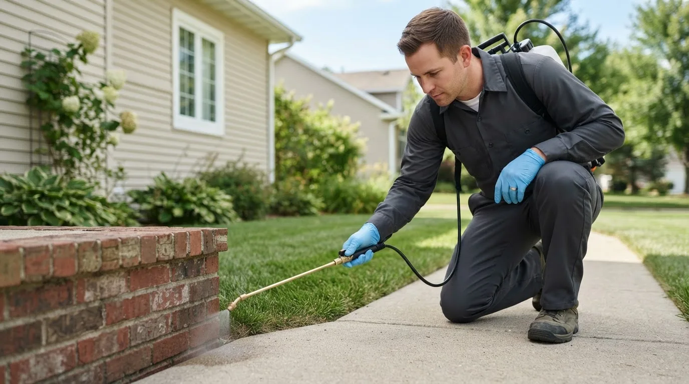 Pest control technician treating a home near Gloverville, SC