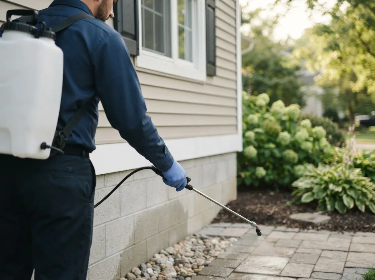 Pest control technician inspecting a home in Gloverville, SC